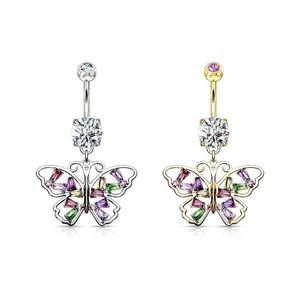 Butterfly with Multi Colored Baguette CZ Wings Dangle 316L Surgical Steel Belly